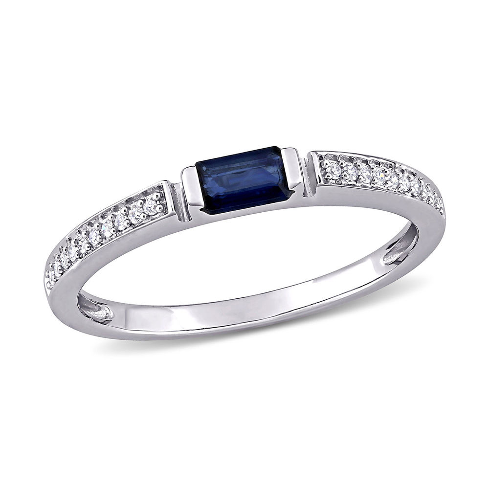 1/10 CT. T.W. Diamond and 1/3 CT. T.G.W. Octagonal-Cut Sapphire Ring in 10k White Gold-1 1/10 CT. T.W. Diamond and 1/3 CT. T.G.W. Octagonal-Cut Sapphire Ring in 10k White Gold-1 product photo