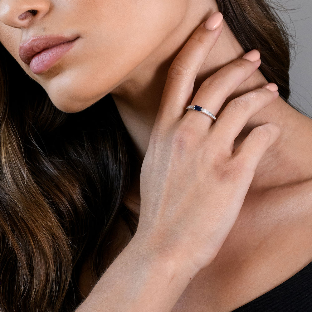 1/10 CT. T.W. Diamond and 1/3 CT. T.G.W. Octagonal-Cut Sapphire Ring in 10k White Gold-4 1/10 CT. T.W. Diamond and 1/3 CT. T.G.W. Octagonal-Cut Sapphire Ring in 10k White Gold-4 product photo