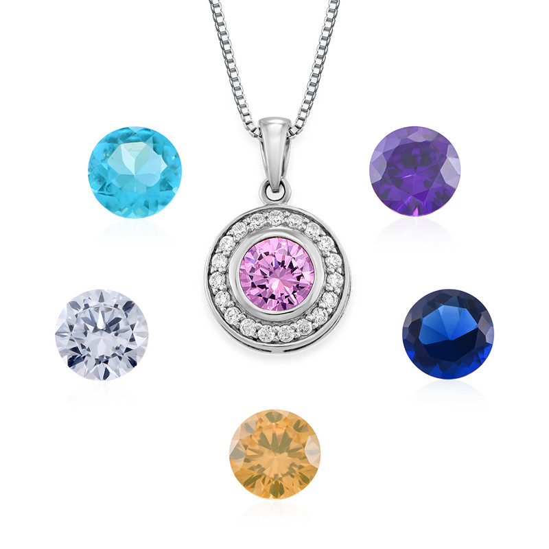 Engraved Two Heart Necklace with Birthstones in 10K Solid White Gold-1 product photo